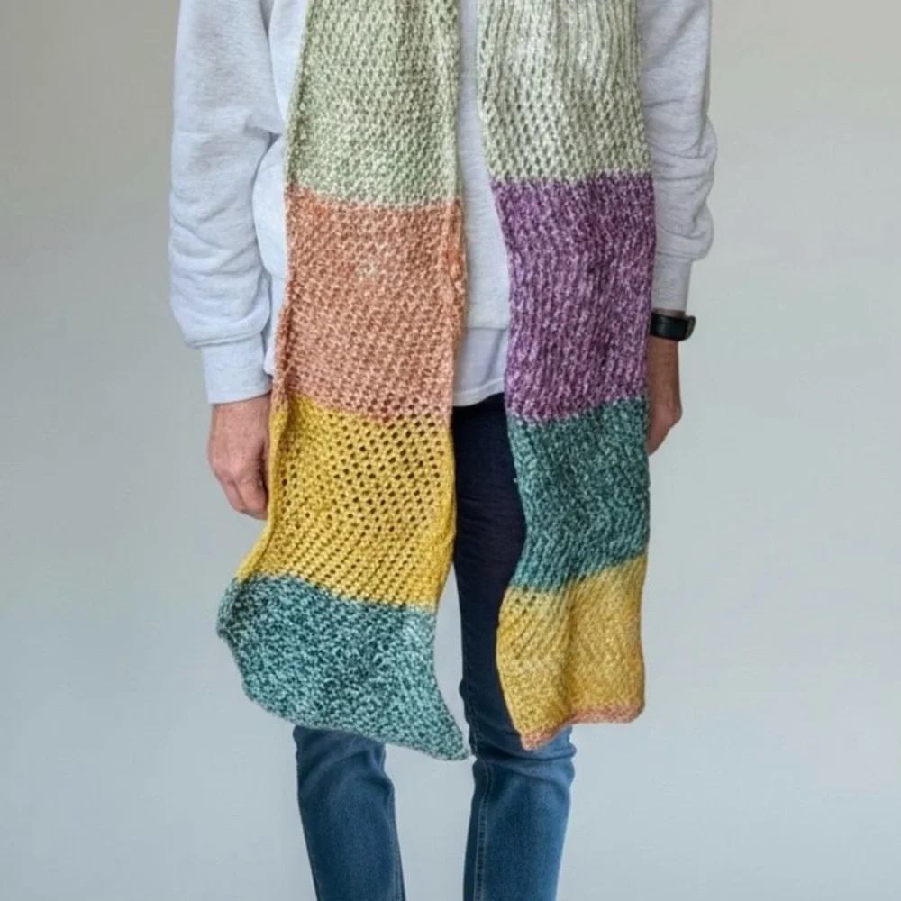 Scarf Hand Crafted Yellow Green Purple Orange Knit Acrylic